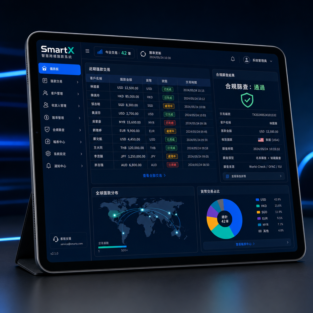 SmartX 匯款交易與合規篩查儀表板示意圖